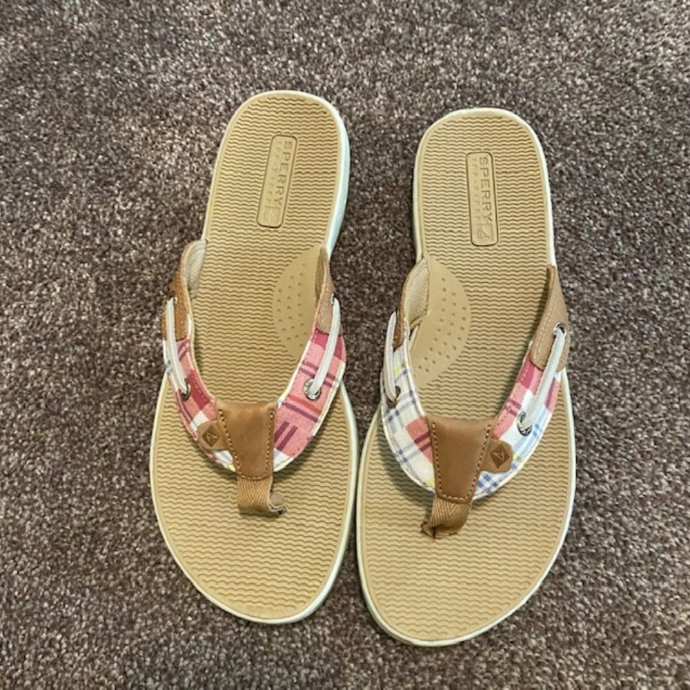 New Sperry Seafish Madras w/Leather Sze8 Flip Flop